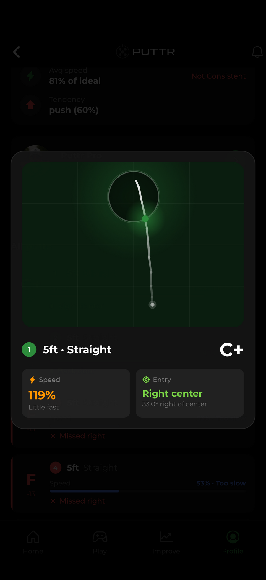 Puttr app replay of a made putt