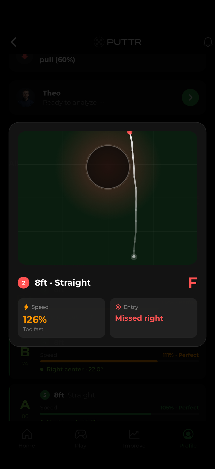 Puttr app replay of a missed putt